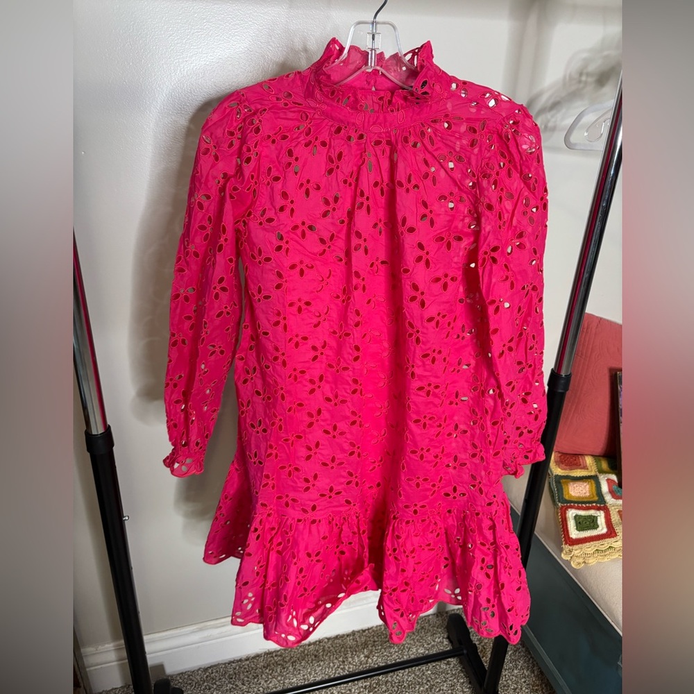 J. Crew ruffle neck eyelet mini dress size xs in hot pink